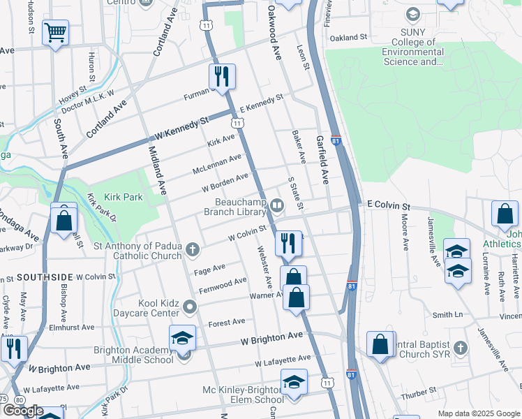 map of restaurants, bars, coffee shops, grocery stores, and more near 2102-04 South Salina Street in Syracuse