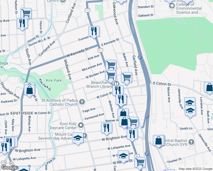 map of restaurants, bars, coffee shops, grocery stores, and more near 2102-04 South Salina Street in Syracuse