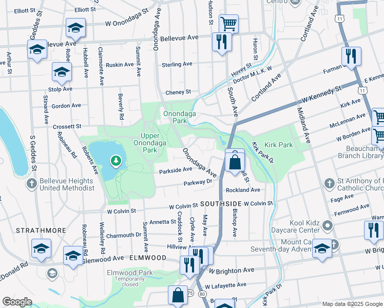map of restaurants, bars, coffee shops, grocery stores, and more near 813-15 Onondaga Avenue in Syracuse