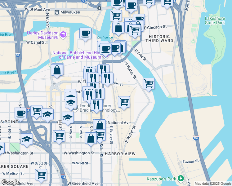 map of restaurants, bars, coffee shops, grocery stores, and more near 207 East Florida Street in Milwaukee