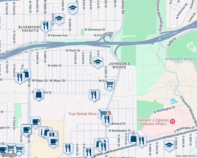 map of restaurants, bars, coffee shops, grocery stores, and more near 602 South 61st Street in Milwaukee