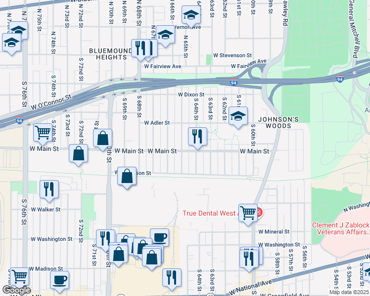 map of restaurants, bars, coffee shops, grocery stores, and more near 6411 West Main Street in Milwaukee