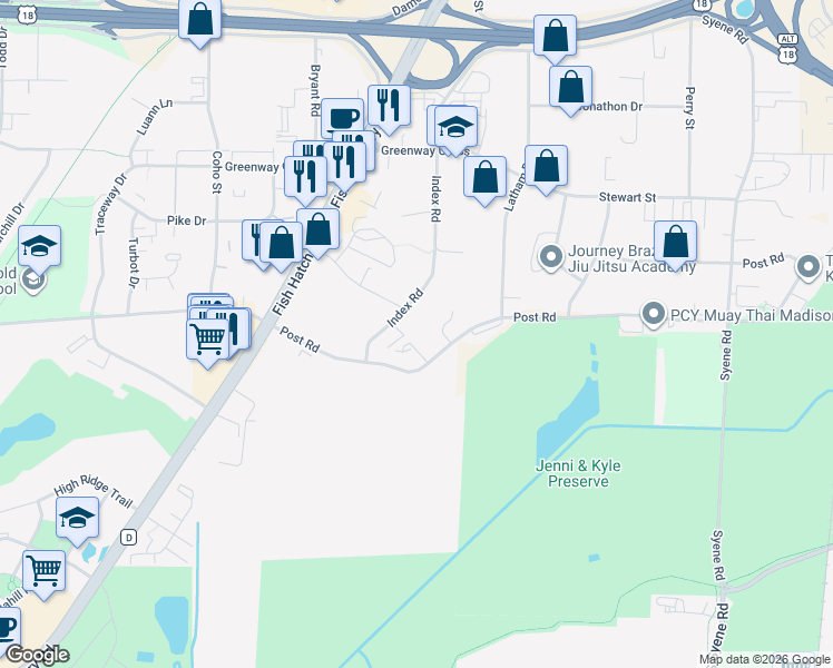 map of restaurants, bars, coffee shops, grocery stores, and more near 1400 Post Road in Fitchburg