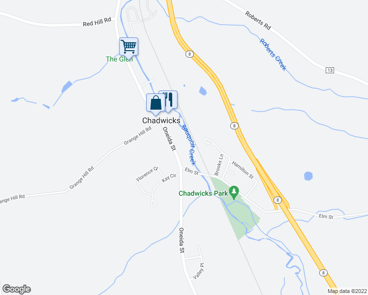 map of restaurants, bars, coffee shops, grocery stores, and more near 3364 Oneida Street in Chadwicks