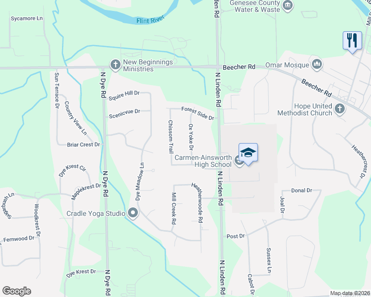 map of restaurants, bars, coffee shops, grocery stores, and more near 1339 Ox Yoke Drive in Flint