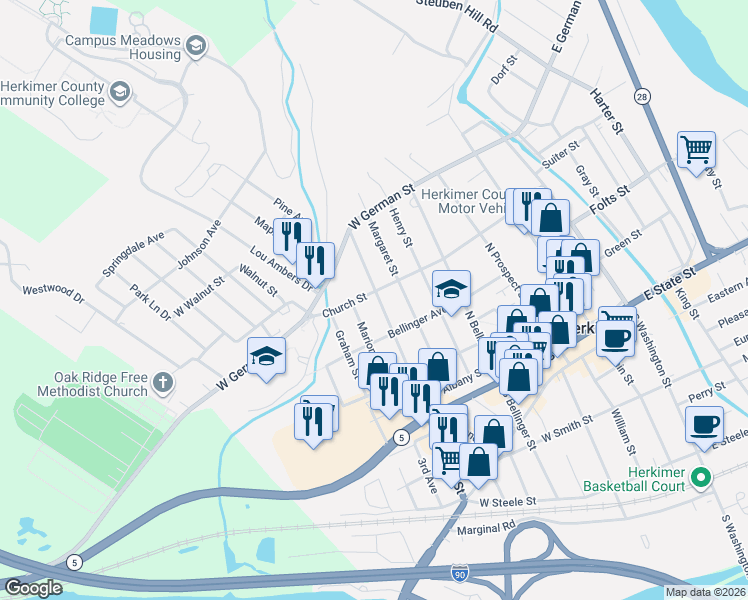 map of restaurants, bars, coffee shops, grocery stores, and more near 317 North Caroline Street in Herkimer