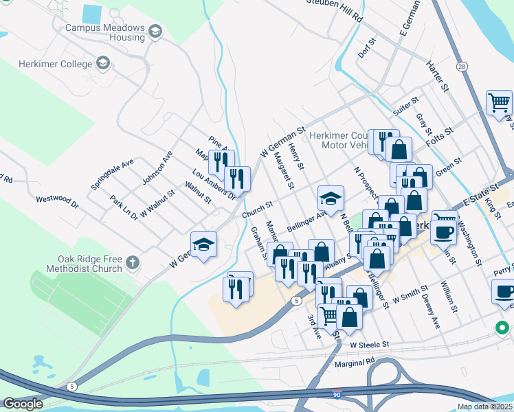 map of restaurants, bars, coffee shops, grocery stores, and more near 716 Church Street in Herkimer