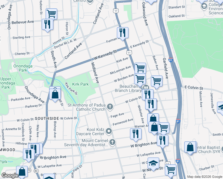 map of restaurants, bars, coffee shops, grocery stores, and more near 218 West Beard Avenue in Syracuse