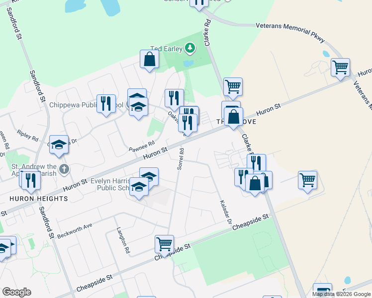 map of restaurants, bars, coffee shops, grocery stores, and more near 1292 Sorrel Road in London
