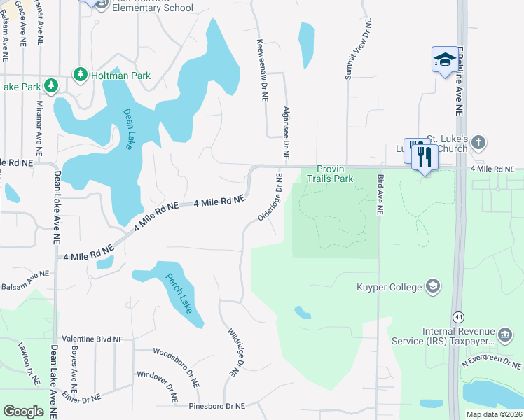 map of restaurants, bars, coffee shops, grocery stores, and more near 3475 Olderidge Drive Northeast in Grand Rapids
