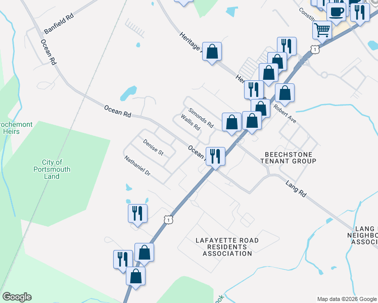 map of restaurants, bars, coffee shops, grocery stores, and more near 135 Ocean Road in Portsmouth
