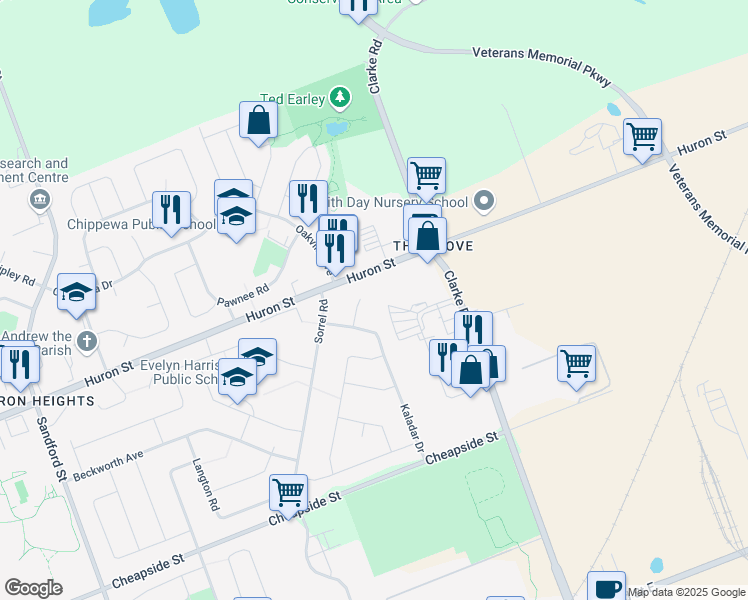 map of restaurants, bars, coffee shops, grocery stores, and more near 20 Kaladar Place in London