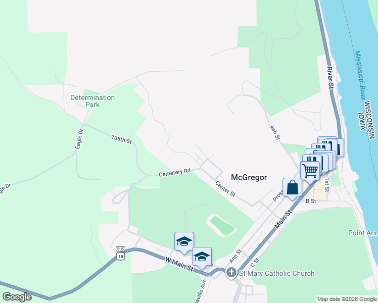 map of restaurants, bars, coffee shops, grocery stores, and more near 105 Ohmer Lane in McGregor