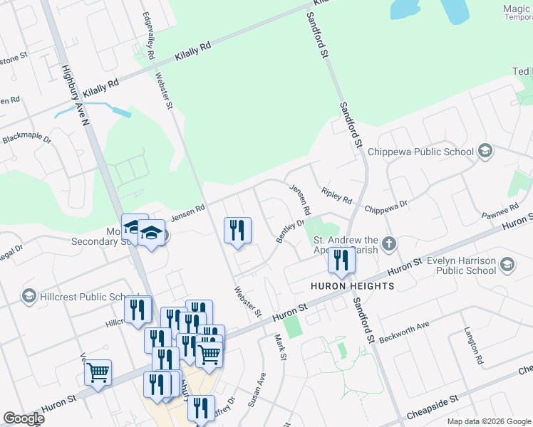 map of restaurants, bars, coffee shops, grocery stores, and more near 82 Stonehenge Court in London