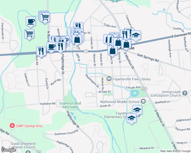 map of restaurants, bars, coffee shops, grocery stores, and more near 201 Orchard Street in Fayetteville