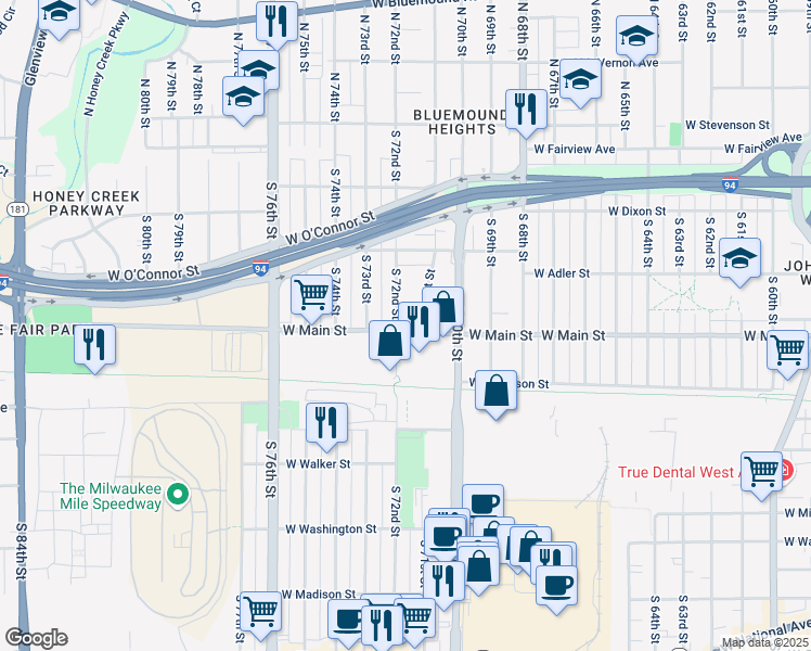 map of restaurants, bars, coffee shops, grocery stores, and more near 7130 West Main Street in Milwaukee