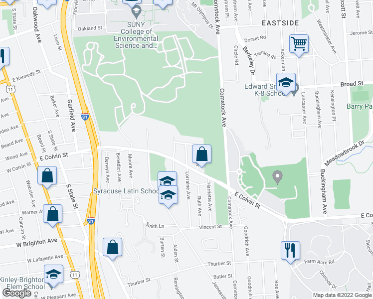 map of restaurants, bars, coffee shops, grocery stores, and more near 124 North Lorraine Avenue in Syracuse