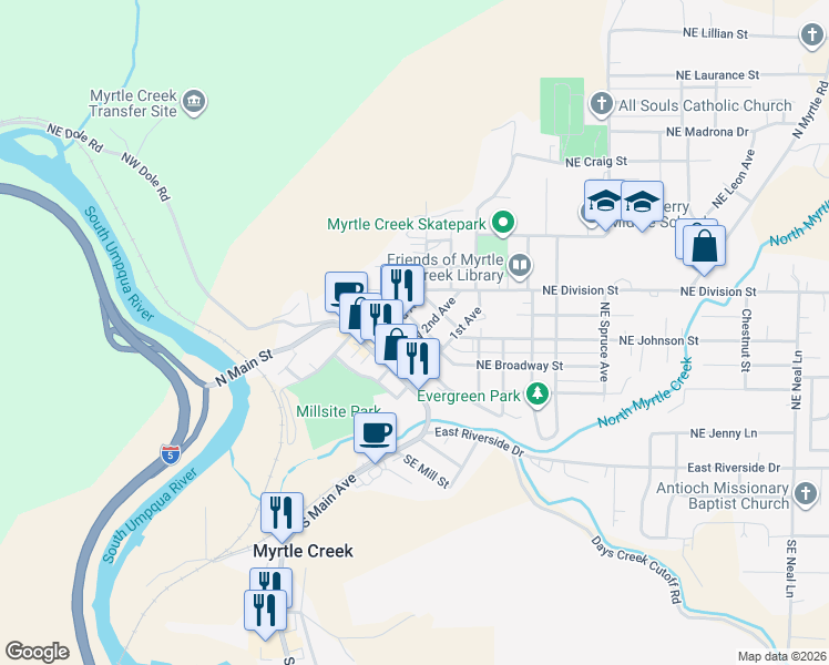 map of restaurants, bars, coffee shops, grocery stores, and more near 226 Northwest 2nd Avenue in Myrtle Creek