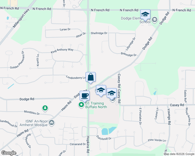 map of restaurants, bars, coffee shops, grocery stores, and more near 1540 Dodge Road in East Amherst