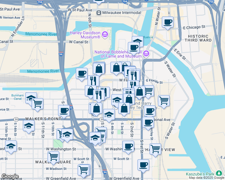 map of restaurants, bars, coffee shops, grocery stores, and more near 501 South 4th Street in Milwaukee