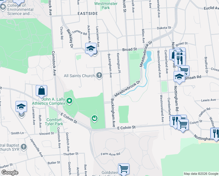 map of restaurants, bars, coffee shops, grocery stores, and more near 449 Buckingham Avenue in Syracuse