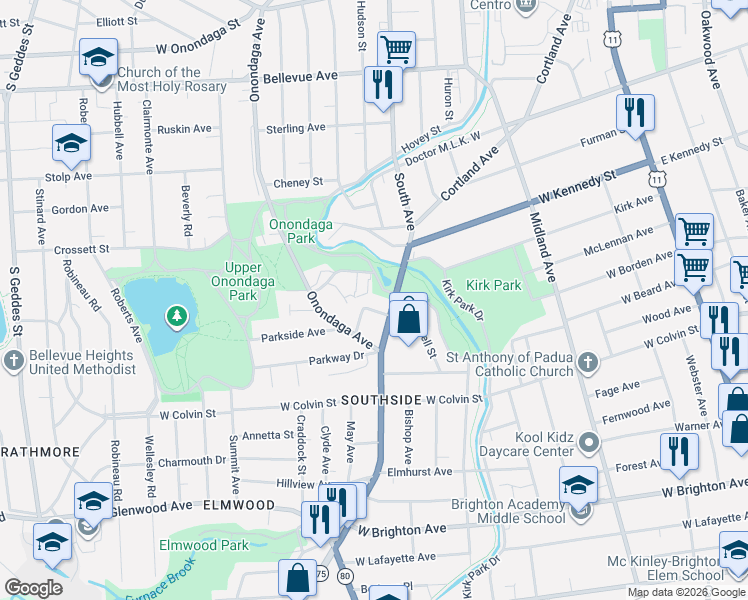 map of restaurants, bars, coffee shops, grocery stores, and more near 118-20 West Bissell Street in Syracuse
