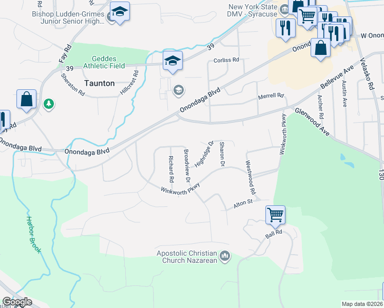 map of restaurants, bars, coffee shops, grocery stores, and more near 109 Broadview Drive in Syracuse