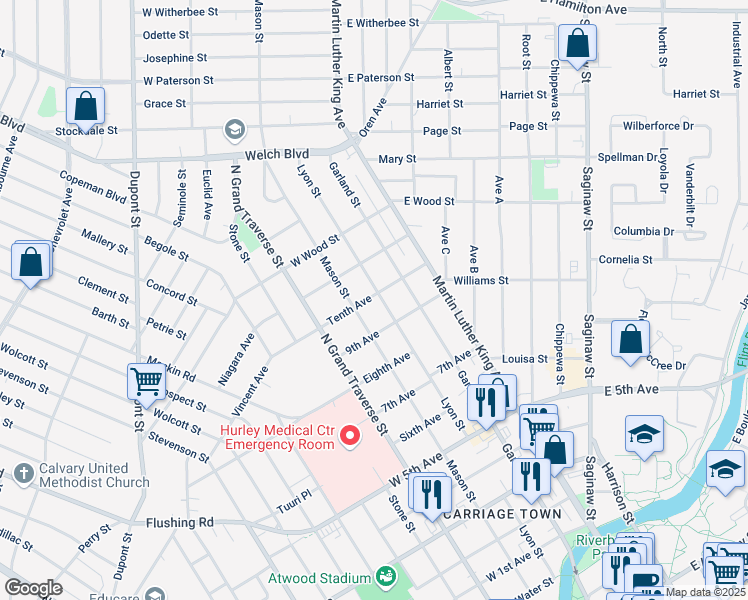 map of restaurants, bars, coffee shops, grocery stores, and more near 1226 Mason Street in Flint