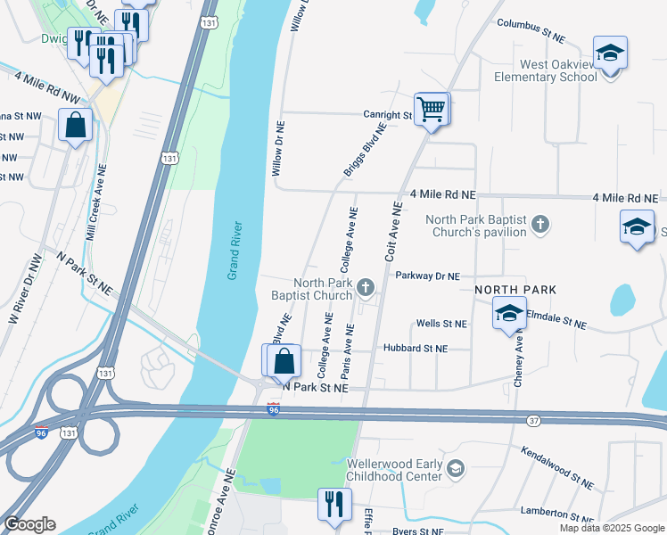 map of restaurants, bars, coffee shops, grocery stores, and more near 515 Elmdale Street Northeast in Grand Rapids