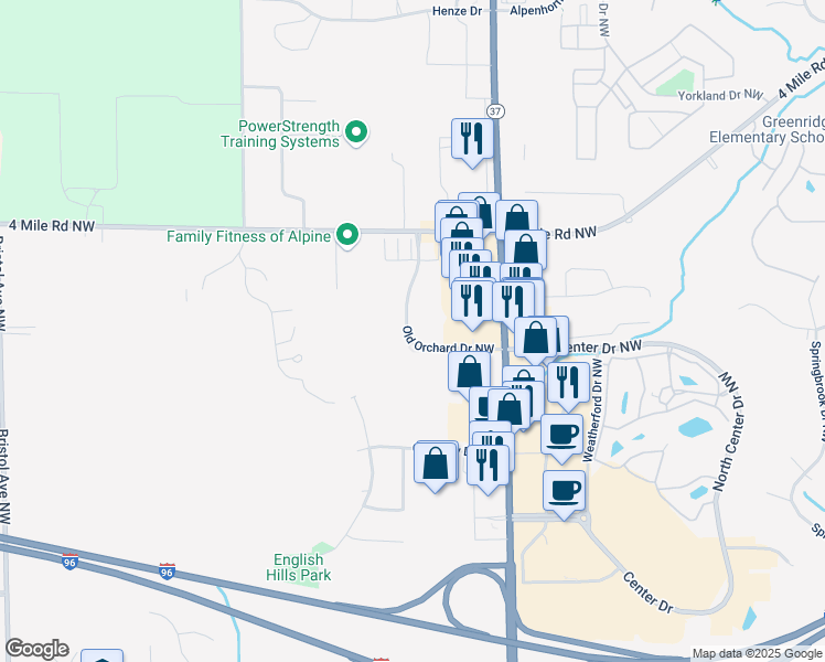 map of restaurants, bars, coffee shops, grocery stores, and more near 986 Old Orchard Drive Northwest in Walker