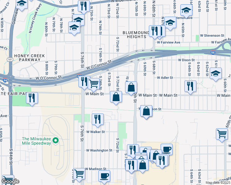 map of restaurants, bars, coffee shops, grocery stores, and more near 7130 West Main Street in Milwaukee
