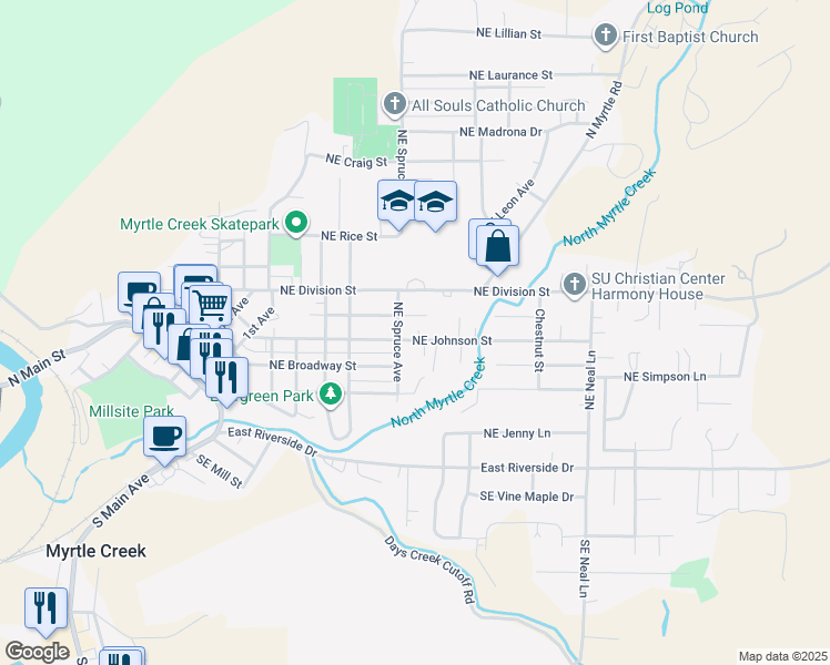 map of restaurants, bars, coffee shops, grocery stores, and more near 629 Northeast Johnson Street in Myrtle Creek
