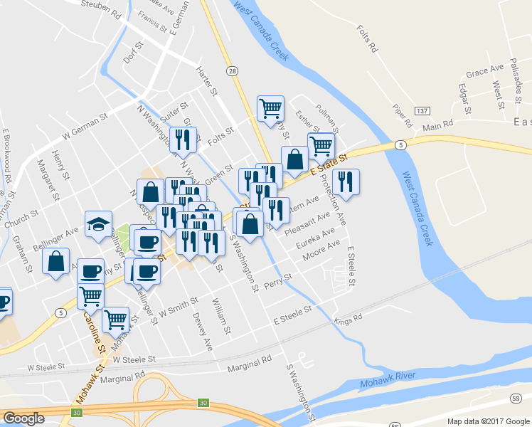 map of restaurants, bars, coffee shops, grocery stores, and more near 119 King Street in Herkimer