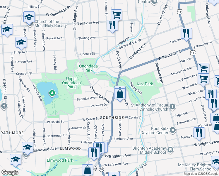 map of restaurants, bars, coffee shops, grocery stores, and more near 118-20 West Bissell Street in Syracuse