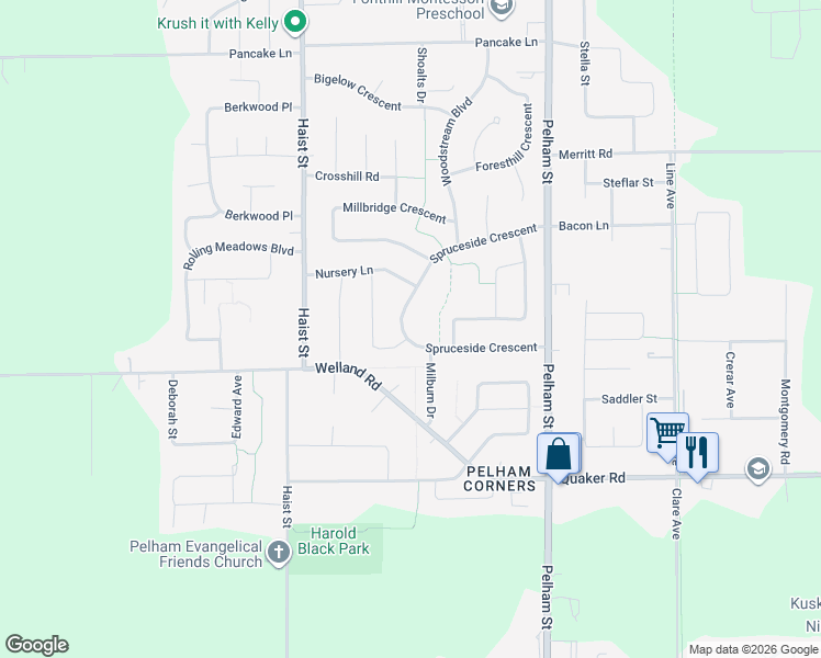 map of restaurants, bars, coffee shops, grocery stores, and more near 49 Spruceside Crescent in Pelham