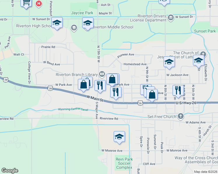 map of restaurants, bars, coffee shops, grocery stores, and more near 211 Parkcrest Way in Riverton