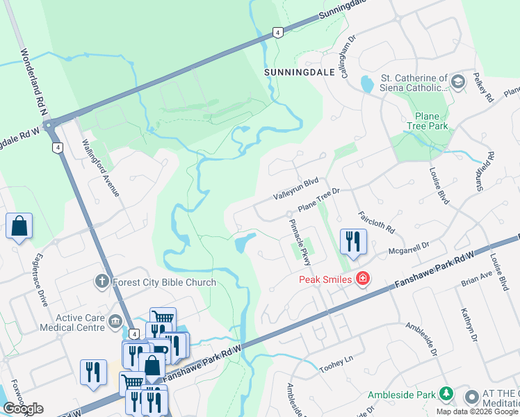 map of restaurants, bars, coffee shops, grocery stores, and more near 2091 Valleyrun Boulevard in London
