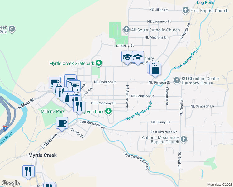 map of restaurants, bars, coffee shops, grocery stores, and more near 413 Northeast Johnson Street in Myrtle Creek