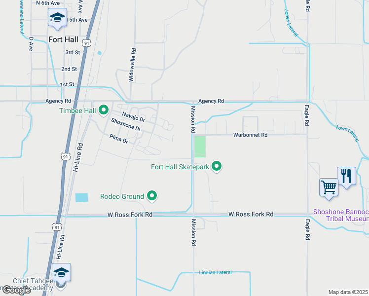 map of restaurants, bars, coffee shops, grocery stores, and more near Mission Road in Pocatello