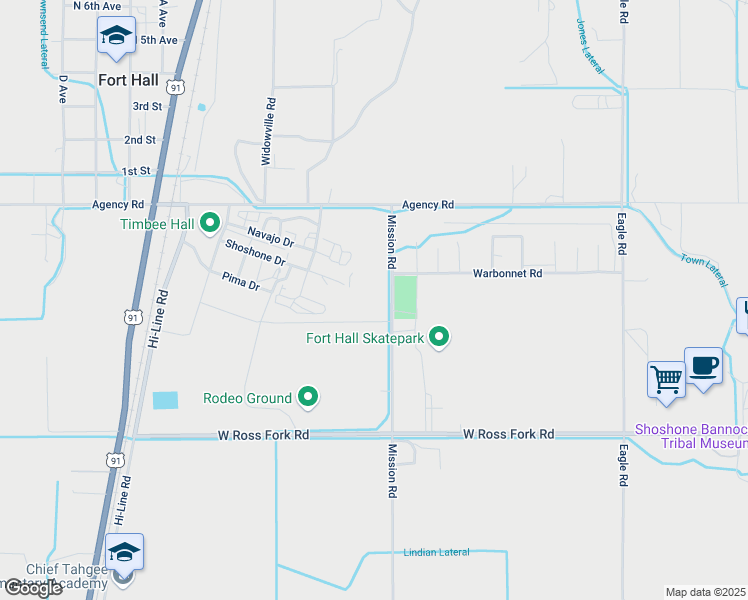 map of restaurants, bars, coffee shops, grocery stores, and more near Mission Road in Pocatello