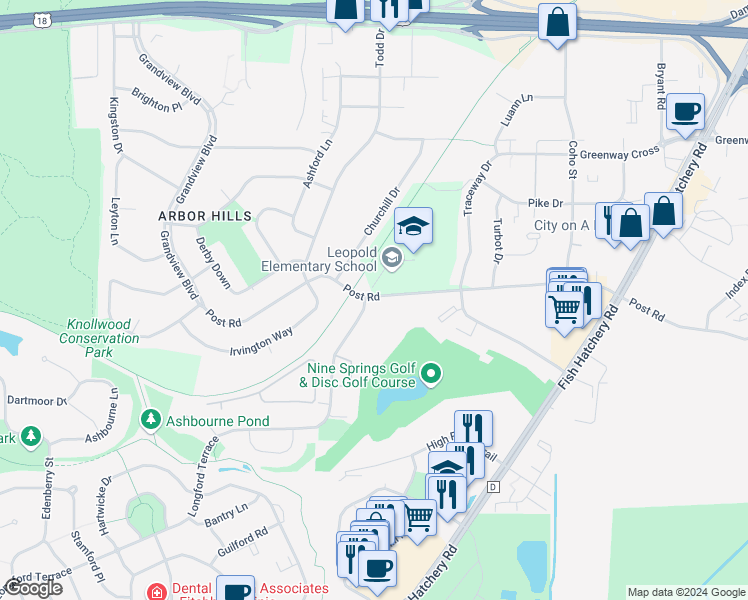 map of restaurants, bars, coffee shops, grocery stores, and more near 2699 Post Road in Madison