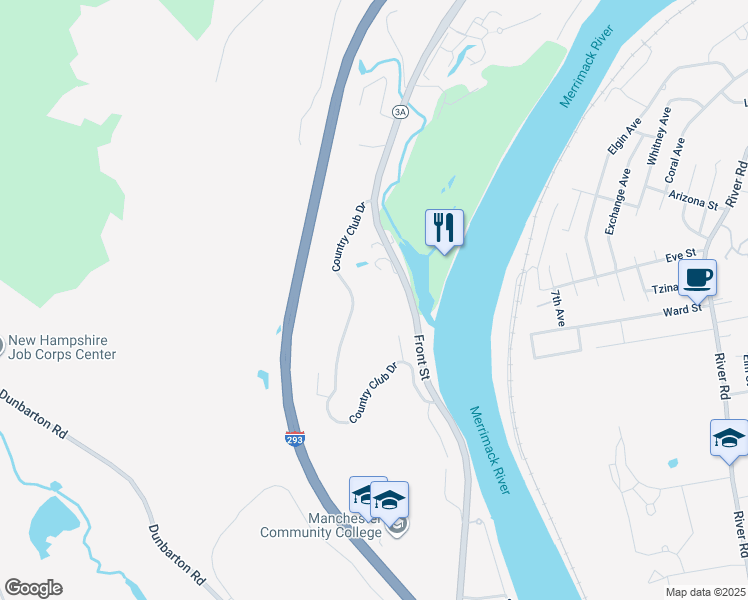 map of restaurants, bars, coffee shops, grocery stores, and more near 23 Country Club Drive in Manchester