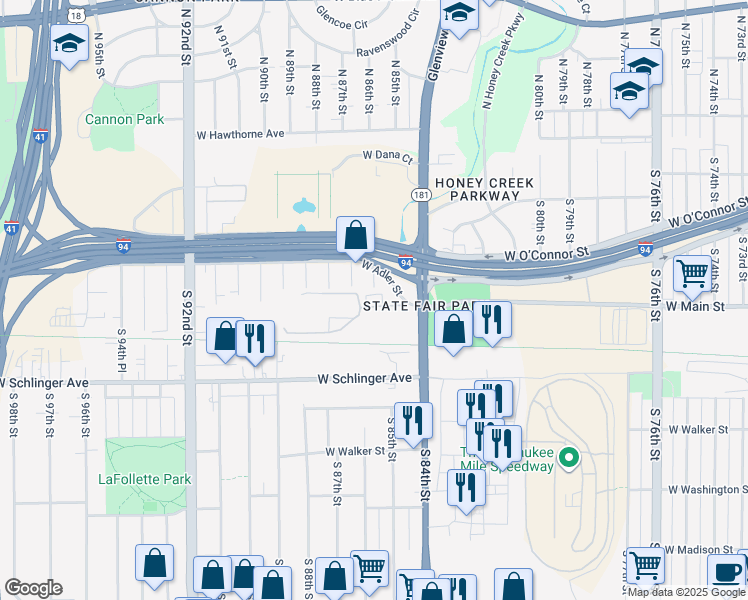 map of restaurants, bars, coffee shops, grocery stores, and more near 447 South 86th Street in Milwaukee