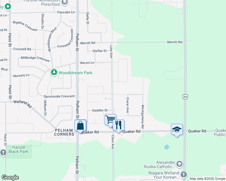 map of restaurants, bars, coffee shops, grocery stores, and more near Steve Bauer Trail in Pelham