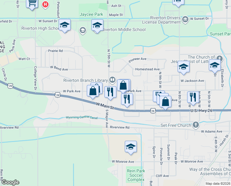 map of restaurants, bars, coffee shops, grocery stores, and more near 202 Parkcrest Way in Riverton