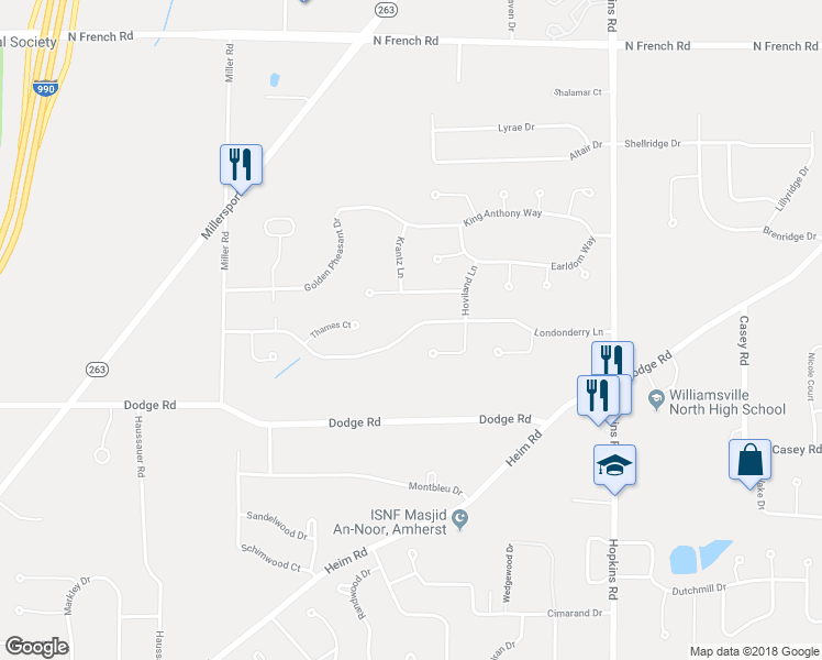 map of restaurants, bars, coffee shops, grocery stores, and more near 176 Londonderry Lane in Getzville