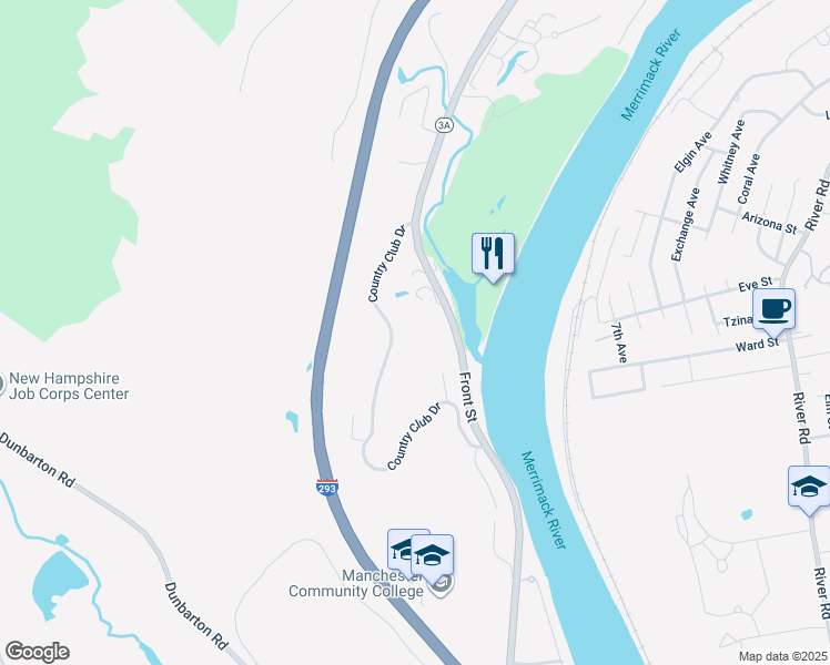 map of restaurants, bars, coffee shops, grocery stores, and more near 23 Country Club Drive in Manchester