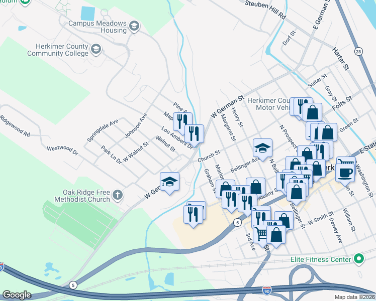 map of restaurants, bars, coffee shops, grocery stores, and more near 2-6 Lou Ambers Drive in Herkimer