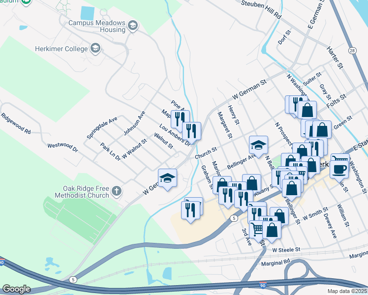 map of restaurants, bars, coffee shops, grocery stores, and more near 2-6 Lou Ambers Drive in Herkimer