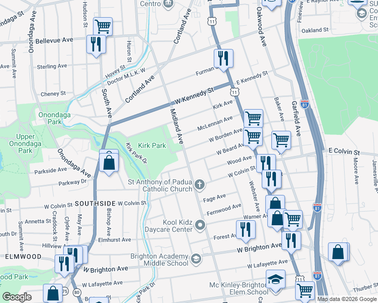 map of restaurants, bars, coffee shops, grocery stores, and more near 1310 Midland Avenue in Syracuse